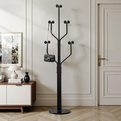 Coat Rack Freestanding with 10 Hooks, Metal Coat Rack Stand, Heavy Duty Standing Coat Tree with Sturdy Round Base for Clothes, Hat, Jacket/Entryway, Hallway, Bedroom, Black
