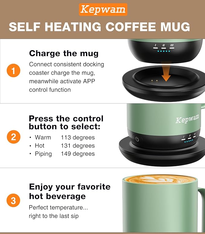 Kepwam Self-Heating Coffee Mug T1, 16oz Rechargeable Heated Coffee Mug, Smart Coffee Warmer Mug with App-Controlled,Advanced Temperature-Controlled Heating Coffee Gifts for Women Men Coffee Lover