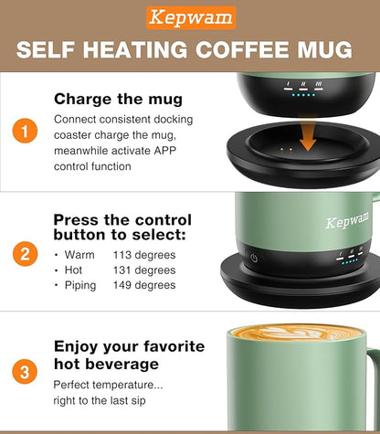 Kepwam Self-Heating Coffee Mug T1, 16oz Rechargeable Heated Coffee Mug, Smart Coffee Warmer Mug with App-Controlled,Advanced Temperature-Controlled Heating Coffee Gifts for Women Men Coffee Lover
