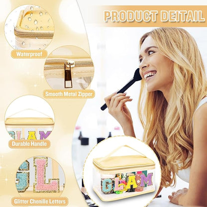 Chenille Letter Clear Makeup Bags Glam Pouch, Preppy Patch Makeup Bag Zipper with Handle, Transparent PVC & Nylon Waterproof Glitter Cosmetic Handbag Travel Toiletry Storage for Women Girl(GLAM-Beige)