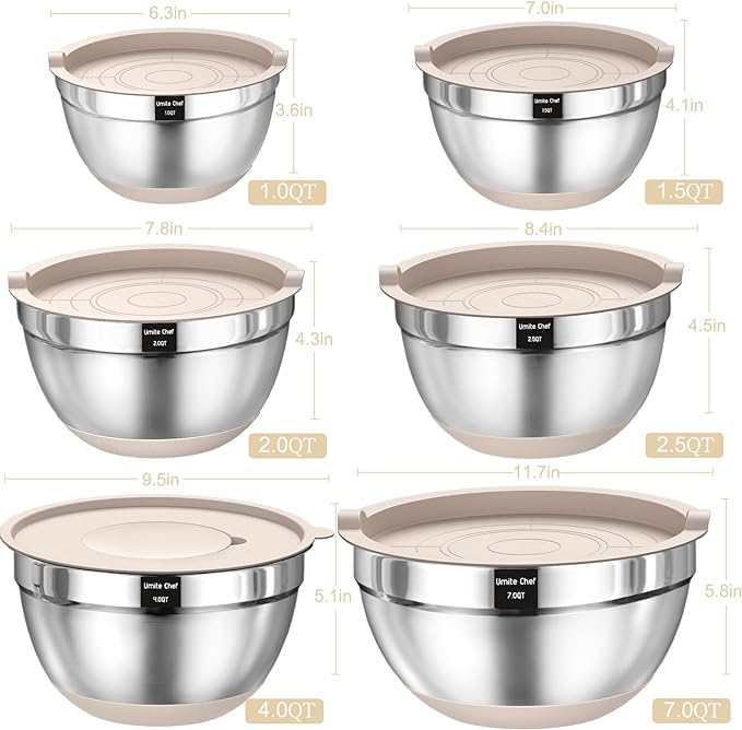 Mixing Bowls with Airtight Lids Set, 26PCS Stainless Steel Khaki Bowls with Grater Attachments, Non-Slip Bottoms & Kitchen Gadgets Set, Size 7, 4, 2.5, 2.0,1.5, 1QT, Great for Mixing & Serving