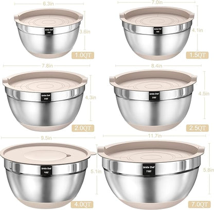 Mixing Bowls with Airtight Lids Set, 26PCS Stainless Steel Khaki Bowls with Grater Attachments, Non-Slip Bottoms & Kitchen Gadgets Set, Size 7, 4, 2.5, 2.0,1.5, 1QT, Great for Mixing & Serving