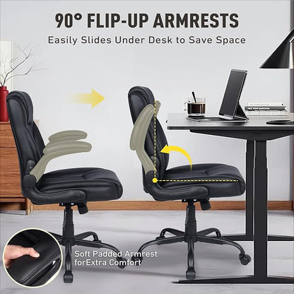 Home Office Chair with Lumbar Support, 5" Thickened Seat, Small PU Leather Rocking Desk Chair, Comfy Computer Chairs with Rolling Wheels & Adjustable Armrests for Adults, Black