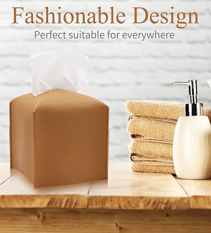 Livelab Tissue Box Cover, Modern Square Decorative PU Leather Facial Paper Case Organizer Holder Dispenser for Bathroom, Vanity Countertop, Night Stands, Desk, Car 5X5X5'' | Camel