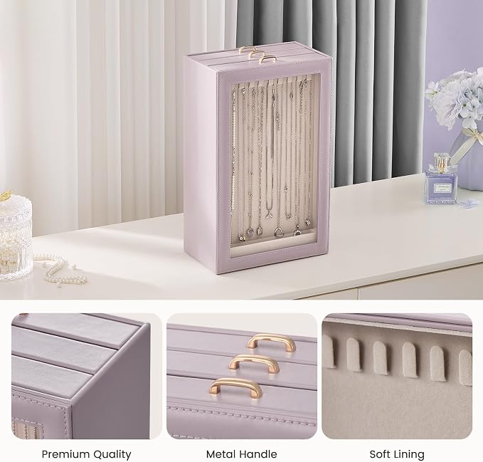 Lolalet Necklace Organizer Box, Jewelry Storage Box with Clear Window for Necklaces Bracelets, Tangle-Free Necklace Display Case for Women Girls, Dusty Purple, 3 Layers 30 Hooks