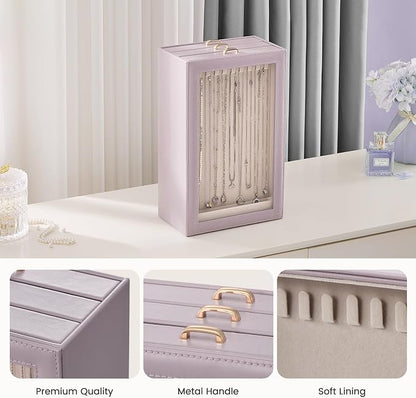 Lolalet Necklace Organizer Box, Jewelry Storage Box with Clear Window for Necklaces Bracelets, Tangle-Free Necklace Display Case for Women Girls, Dusty Purple, 3 Layers 30 Hooks