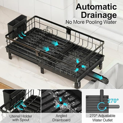 GSlife Expandable Dish Drying Rack - Countertop Drainer, 12-20.5", Black | Compact Extendable Design, Swivel Drain Spout, Cup and Utensil Holder, for Small Kitchen, RV, Countertop Dish Drainer Tray