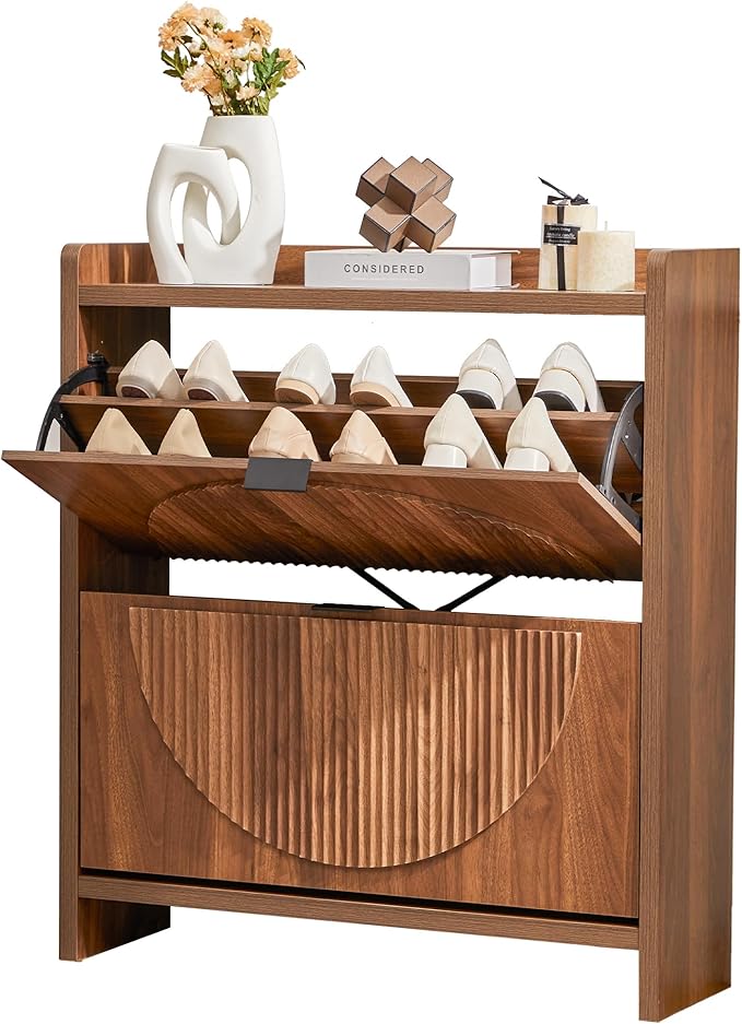 Shoe Cabinet Storage for Entryway with 2 Flip Drawers, Narrow Shoe Organizer Cabinet with Round Fluted Panel, Small Freestanding Hidden Wood Slim Shoe Rack for Foyer, Hallway, Walnut