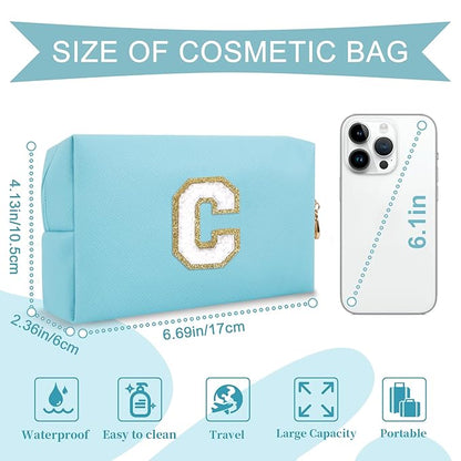 Small Personalized Initial A-Z Preppy Patch Makeup Bag,PU Chenille Letter Travel Cosmetic Pouch with Zipper,Blue Cute Toiletry Bag,Gift Ideal for Teen Girls Women Teacher Bridesmaid,Letter C
