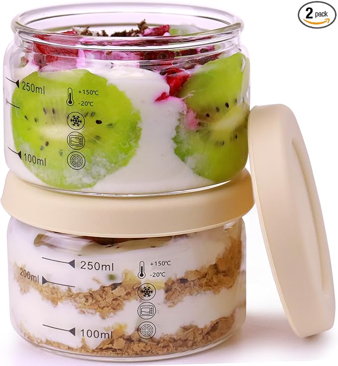 9 oz Round Pudding Glass Cups,Mini Glass Dessert Cups with Lid,Overnight Oats Meal Container with Silicone Seal Cover, Light Glasses Bowls, Dishwasher Microwave Safe (2 PCS)