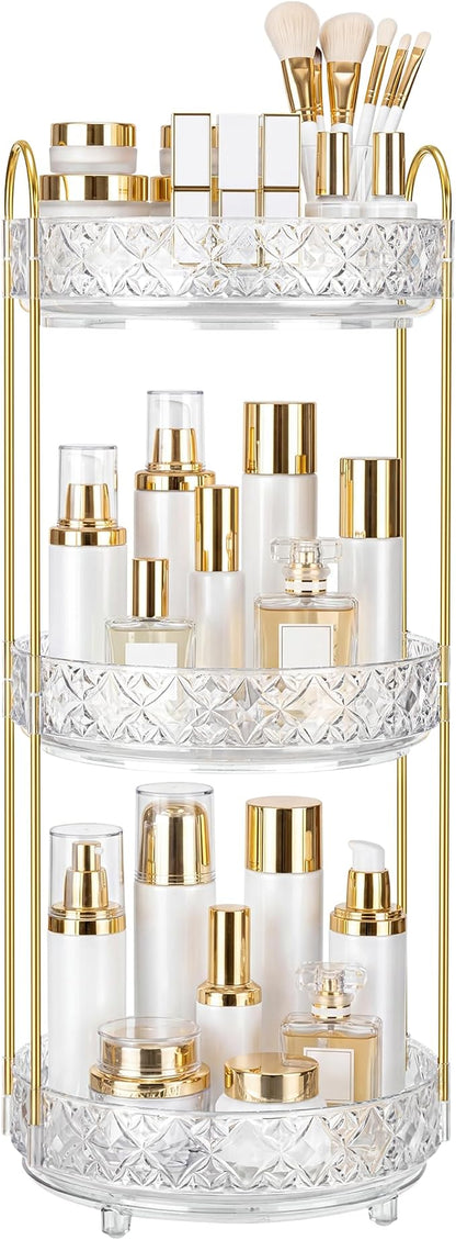 360 Rotating Makeup Organizer for Vanity, 3 Tier Adjustable Perfume Organizer for Dresser, Multi-Function Spinning Cosmetics Skincare Storage for Bedroom, Dresser, Countertop, Clear