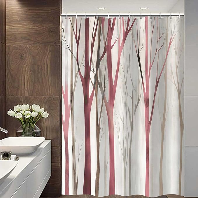 MERCHR Brown Red Tree Fabric Shower Curtain, Art Style Abstract Birch Forest Rustic Wood Polyester Fabric Waterproof Bath Curtain, Farmhouse Bathroom Shower Curtains with Hooks 60X72 Inch