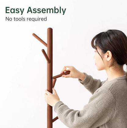 Solid Wood Coat Rack, Freestanding Coat Rack for Entryway, Hallway, Home Office, Living Room, Bedroom, 15" x 15" x 67.3", Beech Wood, Walnut
