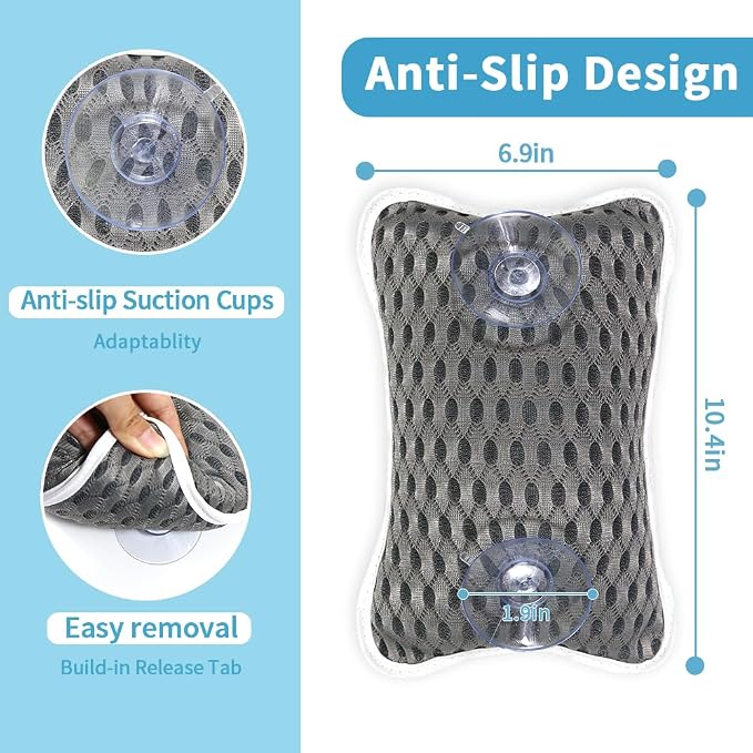 Luxury Bath Pillows for Tub, Slip Resistant Waterproof Bath Pillows for Tub Neck and Back Support with 2 Strong Suction Cups, Relaxing Spa Essentials (Dark Grey)