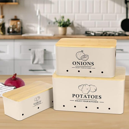Kitchen Vegetable Storage Set of 3, Metal Onion Garlic Potato Storage Set, Kitchen Canisters Vegetable Keeper Containers with Aerating Holes and Bamboo Lid，Beige
