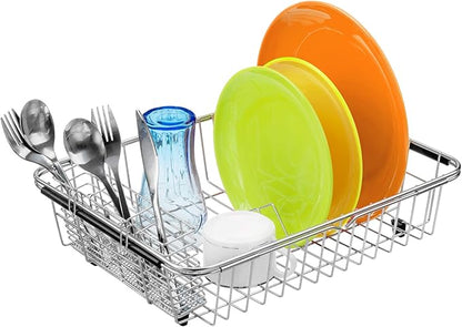 Slideep Expandable Dish Drying Rack, Stainless Steel Over The Sink Dish Rack, in Sink or On Counter Dish Drainer with Stainless Steel Removable Utensil Holder
