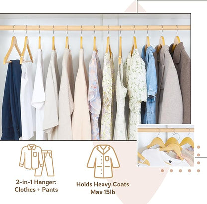 ELONG HOME Wooden Hangers, 30 Pack Slim Wood Coat Hangers with Extra Smooth Finish, Precisely Cut Notches and Chrome Swivel Hook, Wooden Clothes Hangers for Shirt Suit Jacket Dress, Natural