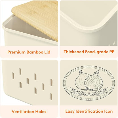 Lifewit Onion and Potato Storage Bin with Aerating Holes and Lid, Stackable Garlic Keeper, Plastic Vegetable Container Box for Kitchen, Beige, Set of 3