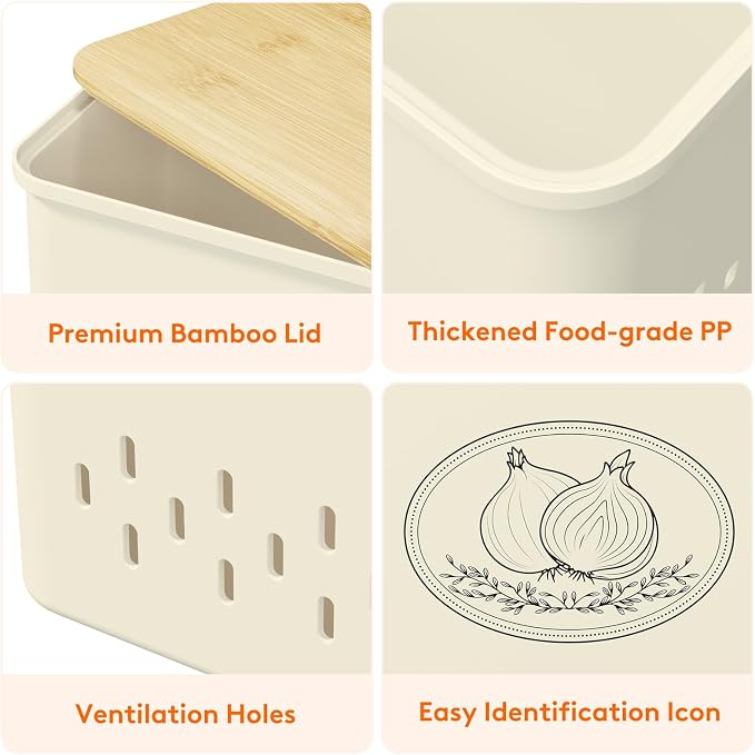 Lifewit Onion and Potato Storage Bin with Aerating Holes and Lid, Stackable Garlic Keeper, Plastic Vegetable Container Box for Kitchen, Beige, Set of 2