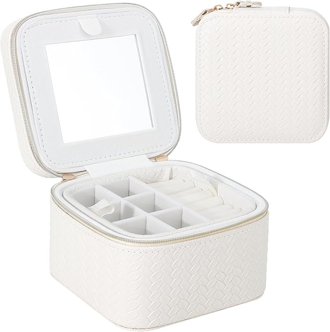 DesignSter Travel Jewelry Case for Woman, Small Travel Jewelry Box with Mirror,4.72×4.72×3.54 inches,Portable Design Travel Jewelry Organizer,Double Headed Zipper