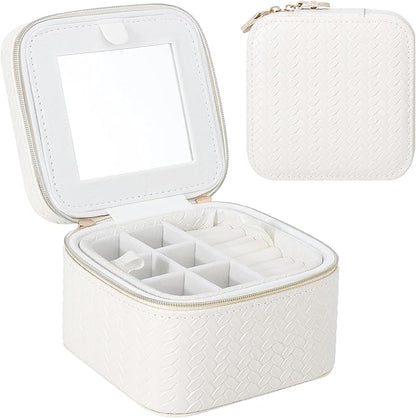 DesignSter Travel Jewelry Case for Woman, Small Travel Jewelry Box with Mirror,4.72×4.72×3.54 inches,Portable Design Travel Jewelry Organizer,Double Headed Zipper