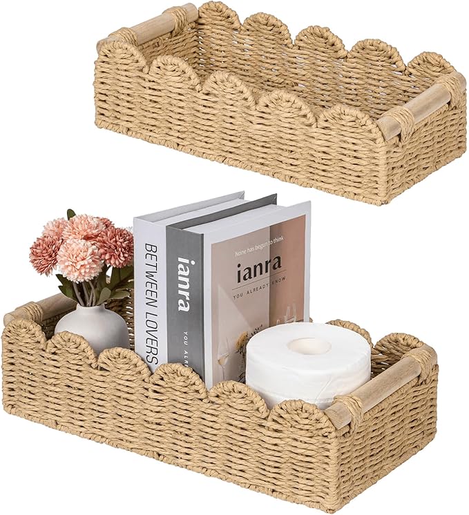 CubesLand Toilet Paper Storage Basket, Scalloped Edge Shelves Basket for Organizing for Over Toilet Tank Storage, Home Decor Baskets for Shelf, Countertop, Living Room, Bedroom, Handwoven, Beige