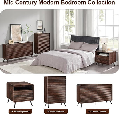 RedLemon 24" Nightstand Set of 2 with Charger Station, Mid Century Modern Fluted End Table with 2 Drawers, Wooden Side Table with Open Cubby Storage for Living Room, Bedroom, Office (Dark Walnut)