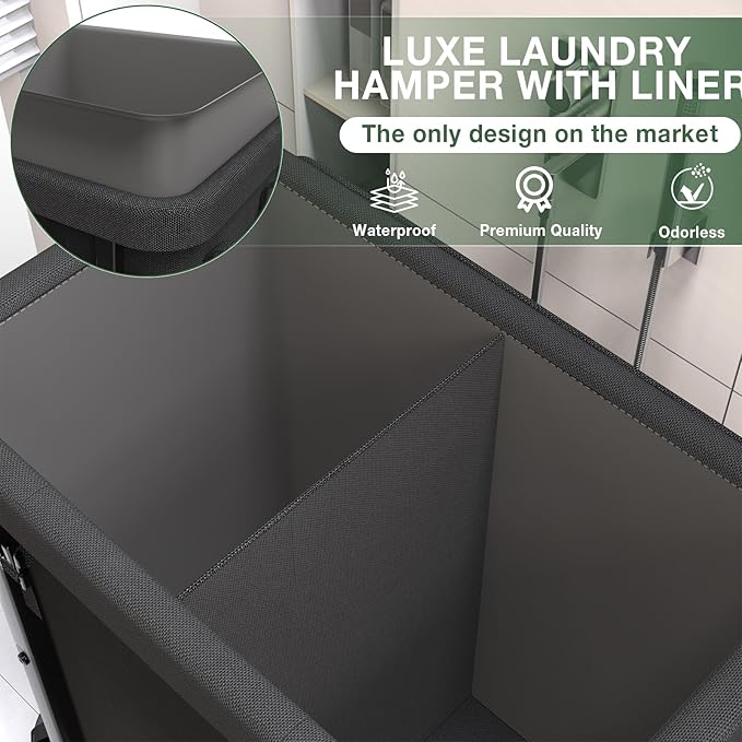 50 Gal(190L) Laundry Basket with Lid, Rolling Laundry Hamper with Wheels, Dirty Clothes Hamper with Metal Frame and Removable Bag Design, Suitable for Laundry Room, Bedroom(Black, 2 Section 190L)
