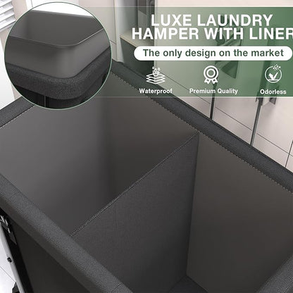 50 Gal(190L) Laundry Basket with Lid, Rolling Laundry Hamper with Wheels, Dirty Clothes Hamper with Metal Frame and Removable Bag Design, Suitable for Laundry Room, Bedroom(Black, 2 Section 190L)