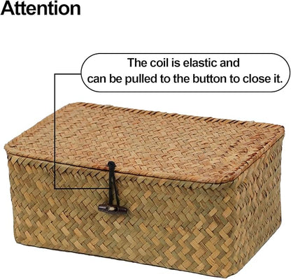 Wicker Storage Basket with Lid, Natural Seagrass Storage Baskets for Organizing, Rectangular Woven Basket for Storage, Decorative Boxes Bins with Lids Home Organizer Decor