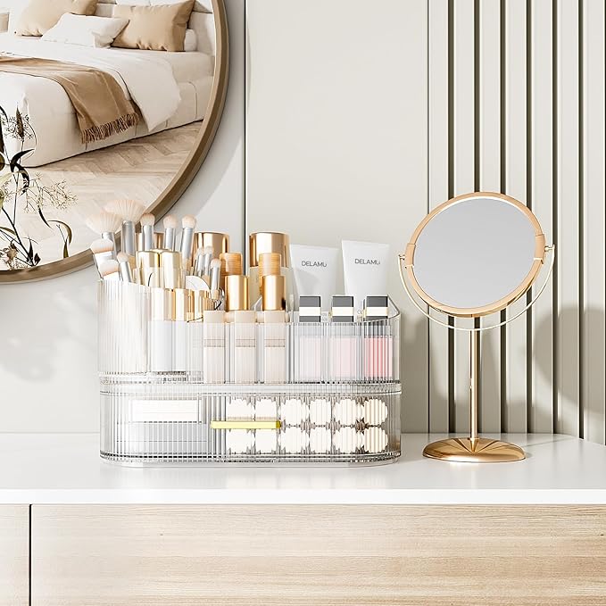 Delamu Makeup Organizer for Vanity with Stackable Drawers, 360 Rotating Makeup Brush Holder Large Cosmetic Display Case, Bathroom Skincare Storage, Crystal Clear, Ideal Christmas Gifts for Girls