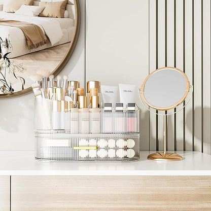 Delamu Makeup Organizer for Vanity with Stackable Drawers, 360 Rotating Makeup Brush Holder Large Cosmetic Display Case, Bathroom Skincare Storage, Crystal Clear, Ideal Christmas Gifts for Girls
