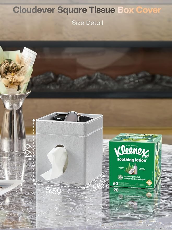 Cloudever Tissue Box Holder Cover, Modern PU Leather Square Decorative Tissue Holder Organizer-Woven New Off White