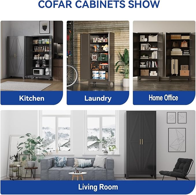 COFaR 71 in Tall Kitchen Pantry Cabinet, Metal Pantry Storage Cabinet with 4 Adjustable Shelves and 2 Barn Doors, Freestanding Farmhouse Food Cupboard for Dining Room Garage, Black 5-Tier
