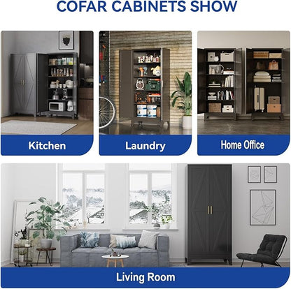 COFaR 71 in Tall Kitchen Pantry Cabinet, Metal Pantry Storage Cabinet with 4 Adjustable Shelves and 2 Barn Doors, Freestanding Farmhouse Food Cupboard for Dining Room Garage, Black 5-Tier