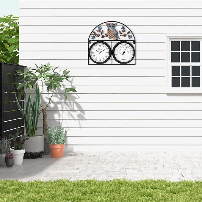 17Inch Large Outdoor Clock,Waterproof Wall Clock with Thermometer,Weatherproof Non-Ticking Quartz Battery Operated Decor Clock for Patio,Garden,Pool,Porch,House Warming Gifts
