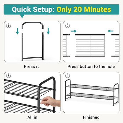 AOODA Long 2 Tier Shoe Rack for Closet Metal Wide Stackable Shoe Storage Organizer for Entryway, Bedroom, Floor, 18-Pairs Low Shoe Shelf, Black