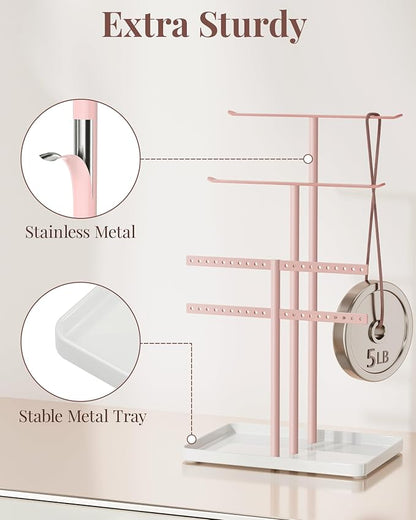 pickpiff Pink Jewelry Stand Holder Organizer: 14.5" Sturdy Hanger for 80 Pcs Jewelry, Jewlery Tower for Display Necklace, Earring, Bracelet, Watch