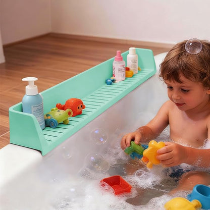 Bathtub Splash Guard for Tub Kids- 31" Extra Long Silicone Bath Play Shelf, Toy Tray & Caddy Holder, Prevent Water Spills & Messy Floors, Tub Edge Guard for Bathroom- Light Green