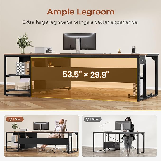 71" Executive Desk, Large Office Desk with Widen File Drawers & Power Outlets, Reversible L Shaped Computer Desk Corner Desk with Storage Shelves, CPU Stand, Hooks, Business Furniture (Walnut)