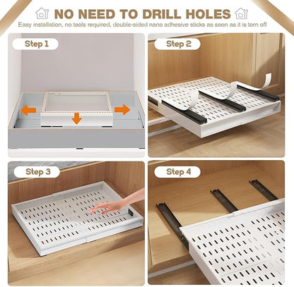 Seinloes Pull Out Cabinet Organizer, 4-Side Expandable to Fit Most Cabinets, 3 Rail Slide Out Drawers with Raising Pad for Framed & Frameless Cabinets, 13"-21" W x 13"-17" D, White, 2 Pack