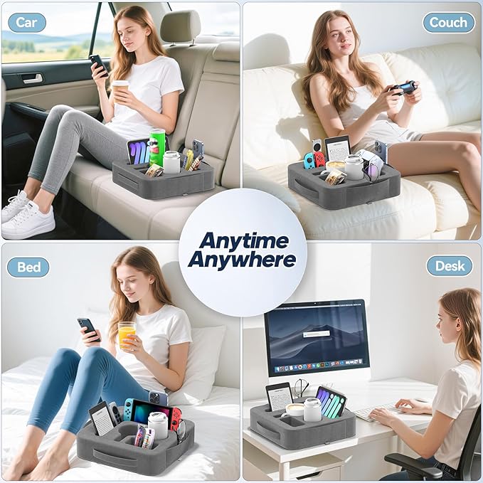 Couch Cup Holder Pillow, Sofa and Bed Caddy for iPad, Kindle, Switch, Game Controller, Remotes, Phones, Small-Sized Cup and Drink Holder for Couch, Bed, Desk, Car, Bathroom Cup Holder, Deep Gray