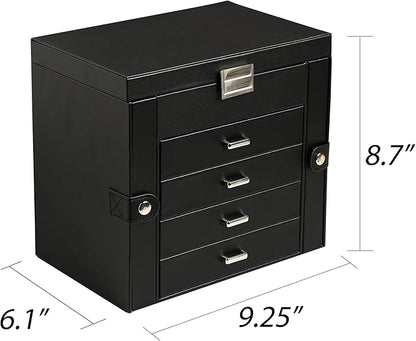 Frebeauty 5-layer Jewelry Box,Faux Leather Jewelry Organizer with 4 Drawers,Jewelry Organizers and Storage with Mirror,Jewelry Holder Organizer for Necklace,Jewerly Boxers for Women Girls(Black)