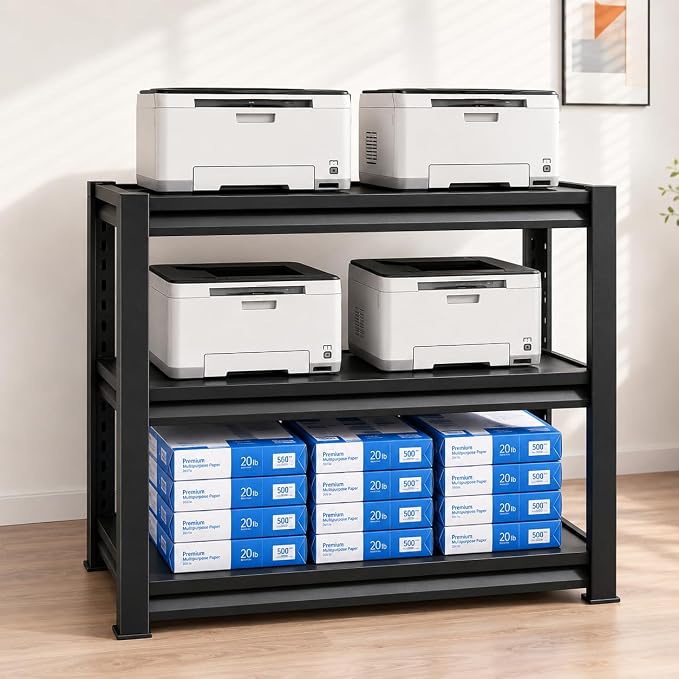 Printer Stand with Storage, 3-Tier Industrial Heavy Duty All-Metal Office Organizer Shelf, Space-Saving Storage Rack for Printer, Scanner, Copier, Paper and Office Supplies, Black,31.5"H×35.4"W×11.8"D