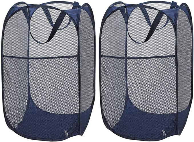 Larpur Popup Mesh Laundry Basket, Collapsible and Portable Clothes Washing Laundry Hamper with Reinforced Carry Handle (Blue*2)