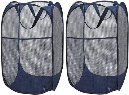 Larpur Popup Mesh Laundry Basket, Collapsible and Portable Clothes Washing Laundry Hamper with Reinforced Carry Handle (Blue*2)