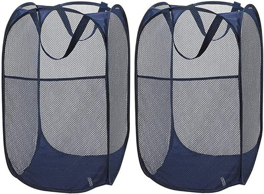 Larpur Popup Mesh Laundry Basket, Collapsible and Portable Clothes Washing Laundry Hamper with Reinforced Carry Handle (Blue*2)