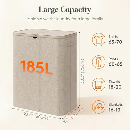 Lifewit 185L 3 Section Laundry Hamper with Lid, Large Laundry Basket with Handles and Removable Bags, Tall Clothes Hamper, Foldable Laundry Sorter for Bedroom Bathroom, Beige