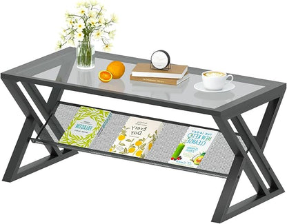 Wolawu Glass Coffee Table Living Room Table with Storage Shelf, Grey Glass Table Simple Modern Rectangular Tables with Sturdy Black Metal Frame,Industrial Glass Coffee Table for Bedroom Home Office