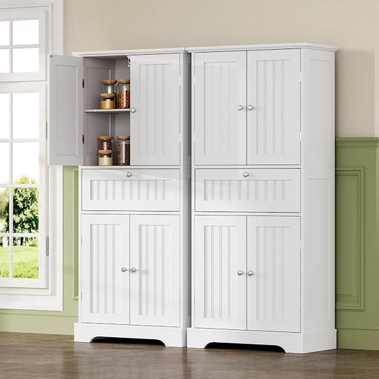 ChooChoo 72" H Tall Bathroom Floor Cabinet, Modern Bathroom Storage Cabinet with Drawer and Adjustable Shelves, Freestanding Kitchen Pantry Cupboard with 4 Doors for Living Room, White
